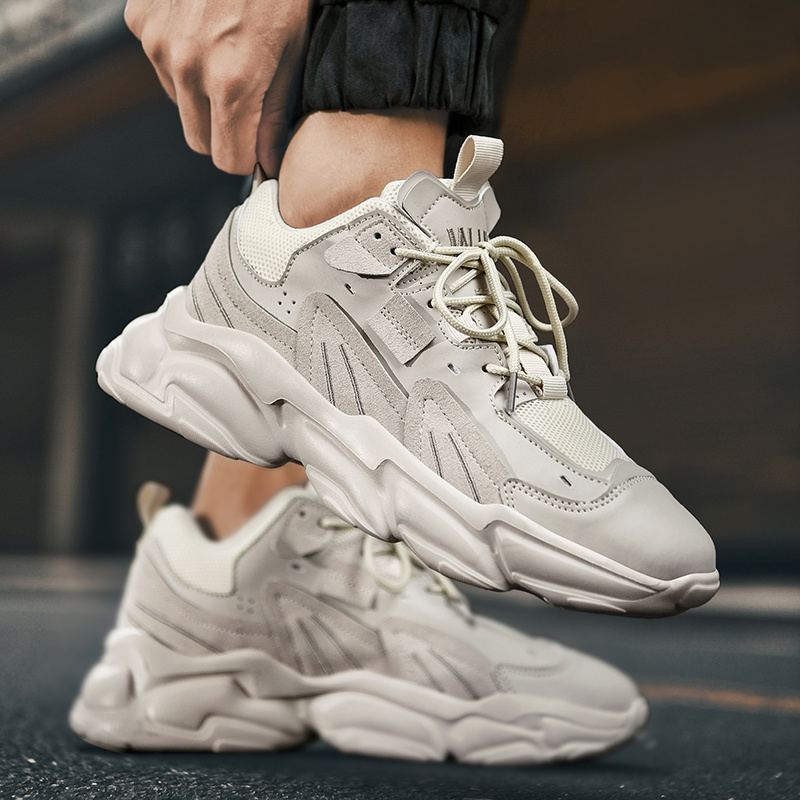 Beige Thick Sole Sneakers for Men Casual Fashion Men's Chunky Sneakers Height Increasing Dad Shoes Hard-Wearing Male Footwear
