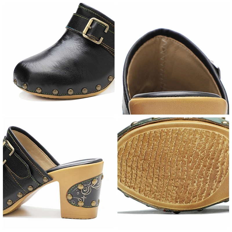 Koznoy 7.5cm Sheepskin Women Leather Chunky Heels Big Size Moccasins Metal Decoration Clogs Sandals Ethnic Summer Slippers Shoes