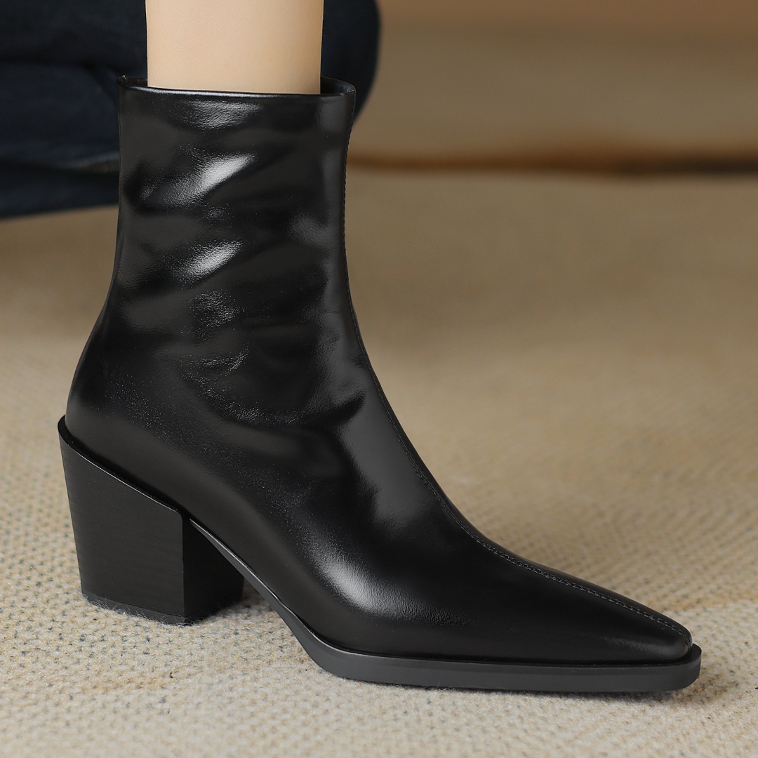 size Plus 34-42 women's genuine leather 7cm thick high heel square toe side zip autumn ankle boots elegant ladies retro shoes 93b7