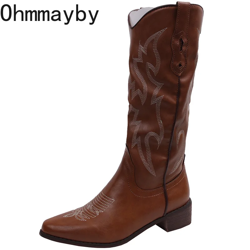 V Vintage mouth Women Western Knee-High Boots Fashion Pointed Toe Shoes Autumn Winter Thick Heel Ladies Knight Long Booties f92e