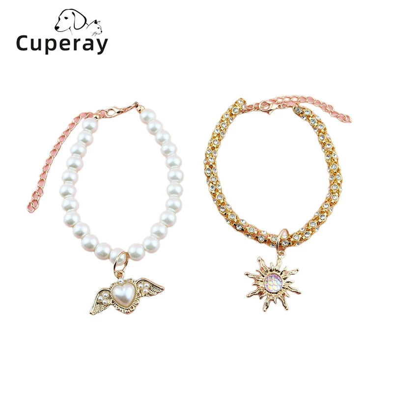 Pearl Cat Collar Adjustable Diamond Metal Dog Collar Necklace with Sun and Butterfly Pendant Perfect for Kitten and Puppy Party