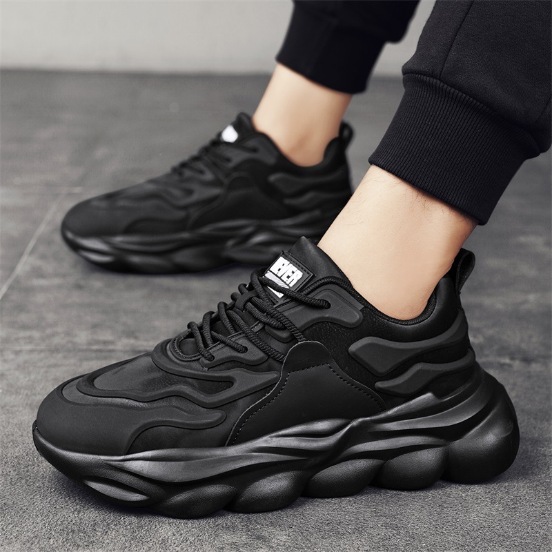 Student plush sports thick seasonal leather surface casual single shoes, pure black Korean version lace up dad shoes