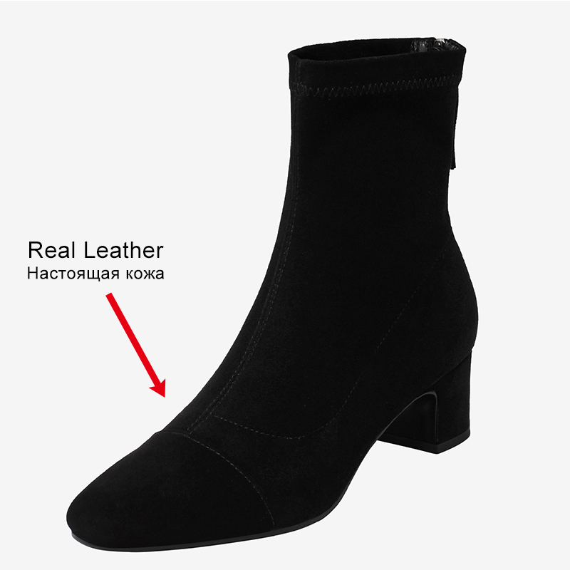 JOZHAMTA Size 34-40 Ankle Women Suede Real Leather Stretch Boots Chunky High Heels Fall Winter Shoes Casual Short Booties