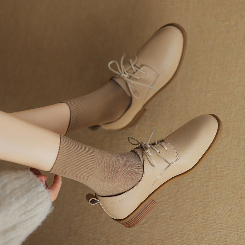 2024 New Spring Genuine Leather Round Toe Pumps for Women Low Heel Loafers Ladies Shoes Retro block 7603