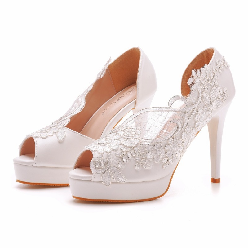2025 new New Summer Fashion Party Lace Slip On PU 11CM Thin Heels Peep Toe Wedding Bride Women Shoes White Dress Sandals 0d20