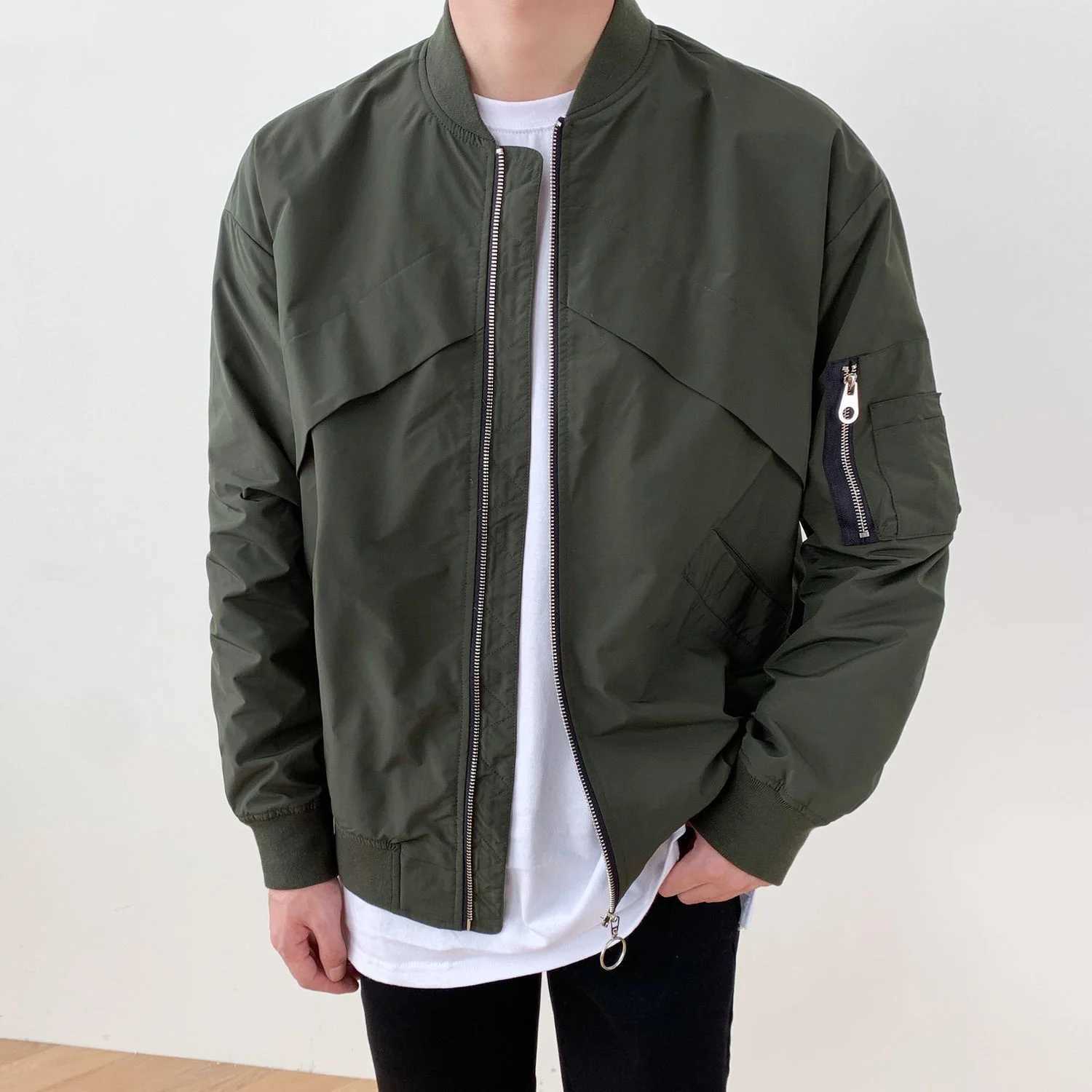 Maden casual mens green military flight bomber tank jacket solid retro jacket single cycle jacket collar mens clothing W240914