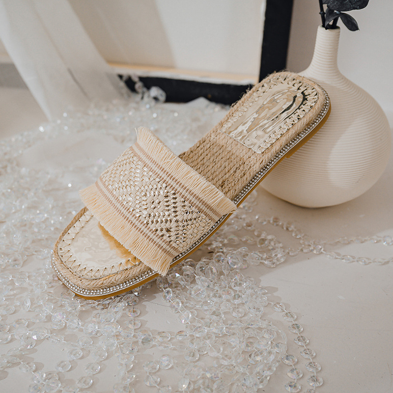 embroider knitting canvas slippers women bohemian fringe flip flops beach shoes woman straw bottom tassel sandalias mujer size43