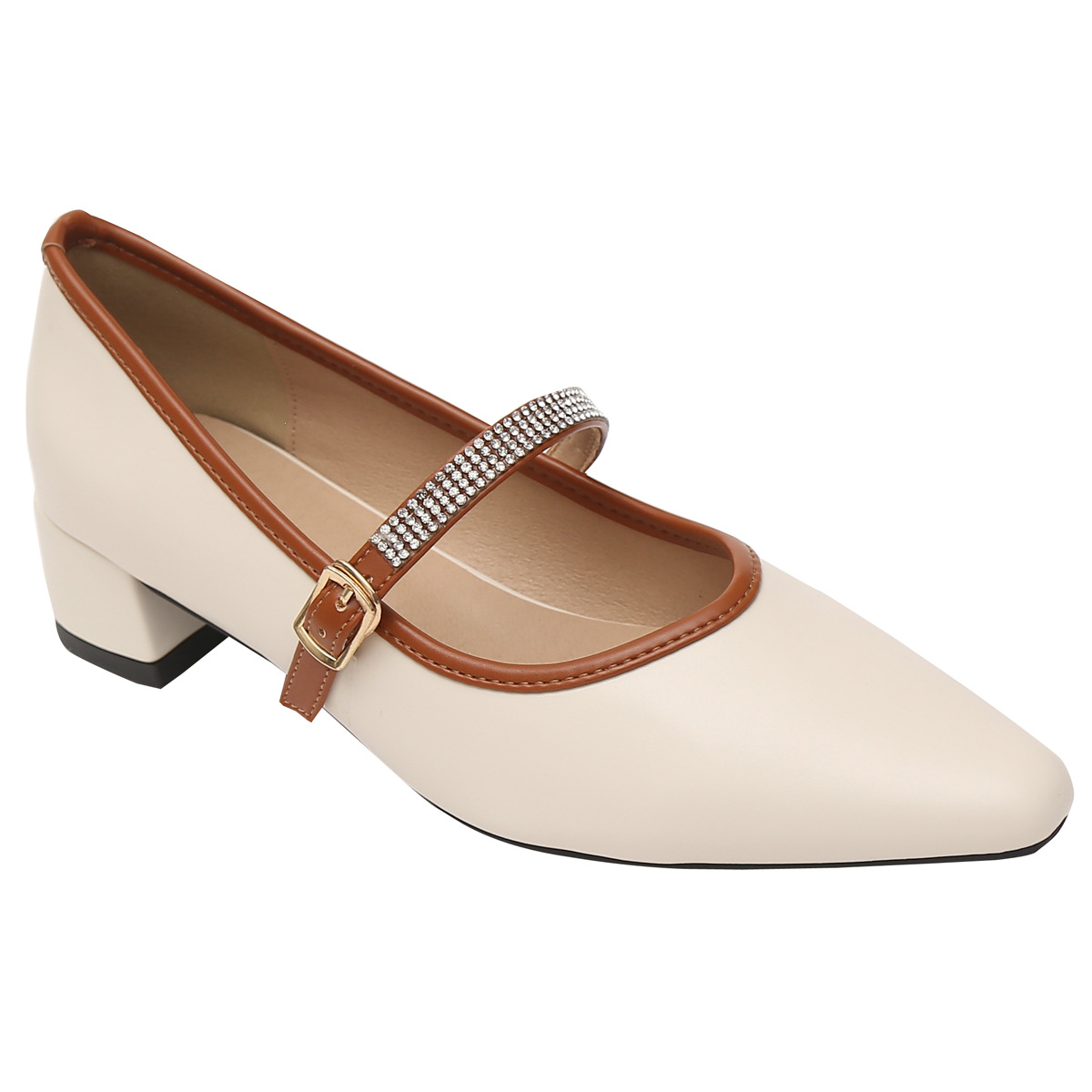 2025 new fc668 color Brand Mixed Designer low heel leather shoes woman pointed toe crystal ankle strap mary janes solid beige pumps big size 43
