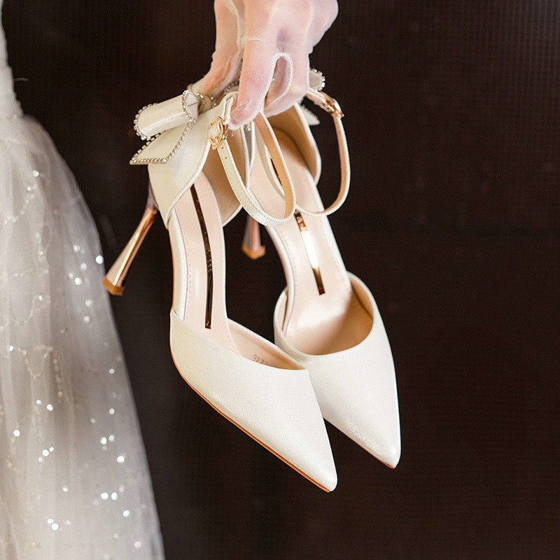 2024 Star style Women Satin Pumps Fashion Rhinestones Stiletto High heels Party Shoes Summer Butterfly-knot Wedding Shoes