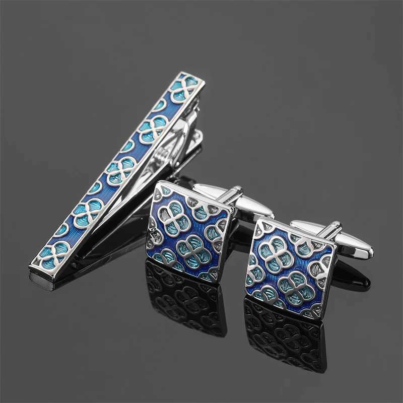 Mens French shirt cufflinks formal dress tie clip with rose metal pattern crystal design Luxury brand tie clip cufflink setX240914