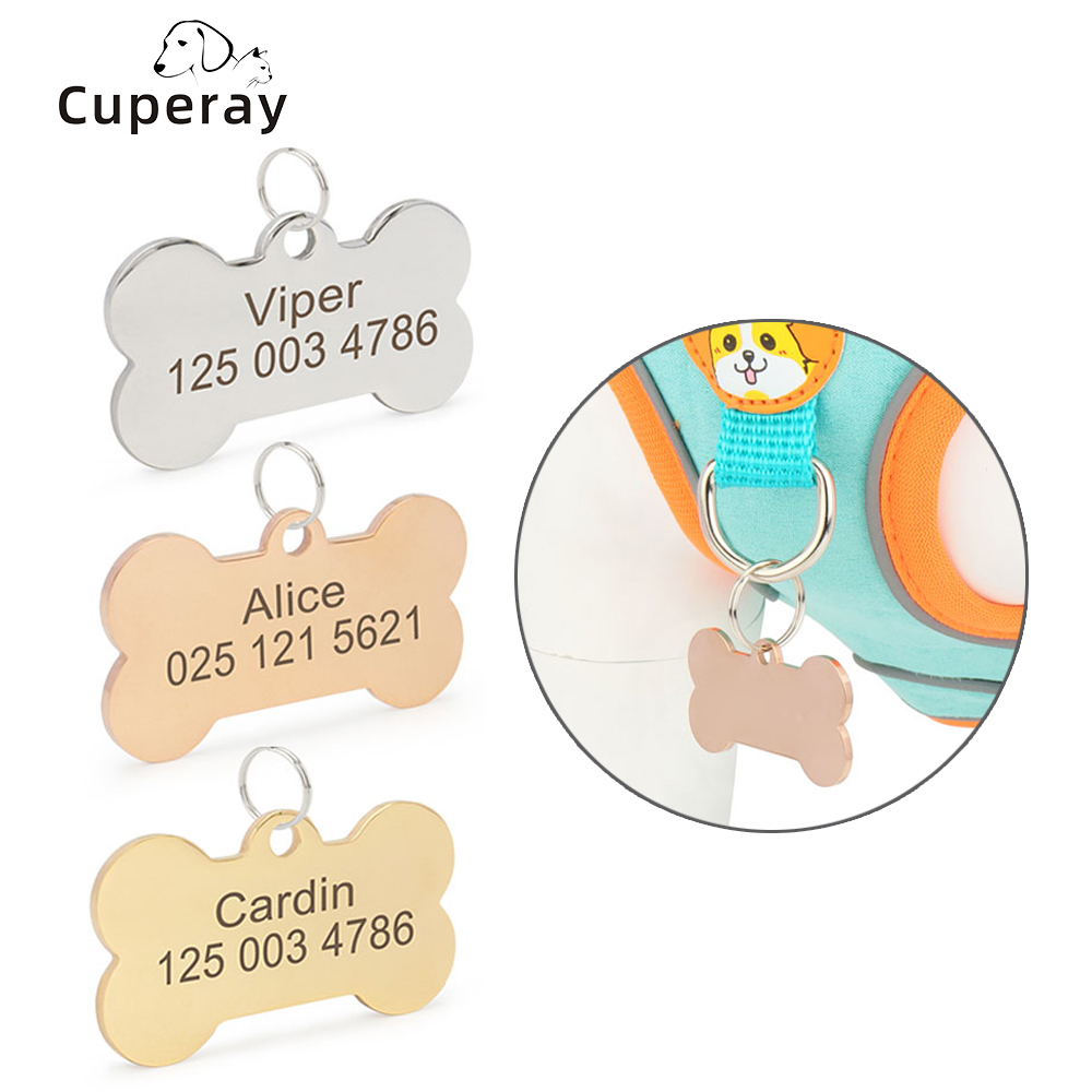 Personalized Cat Collar Pet Name Double Sided Laser Etched Stainless Steel Pet Tag Free Engraved Bone Shape Dog ID Tag Custom