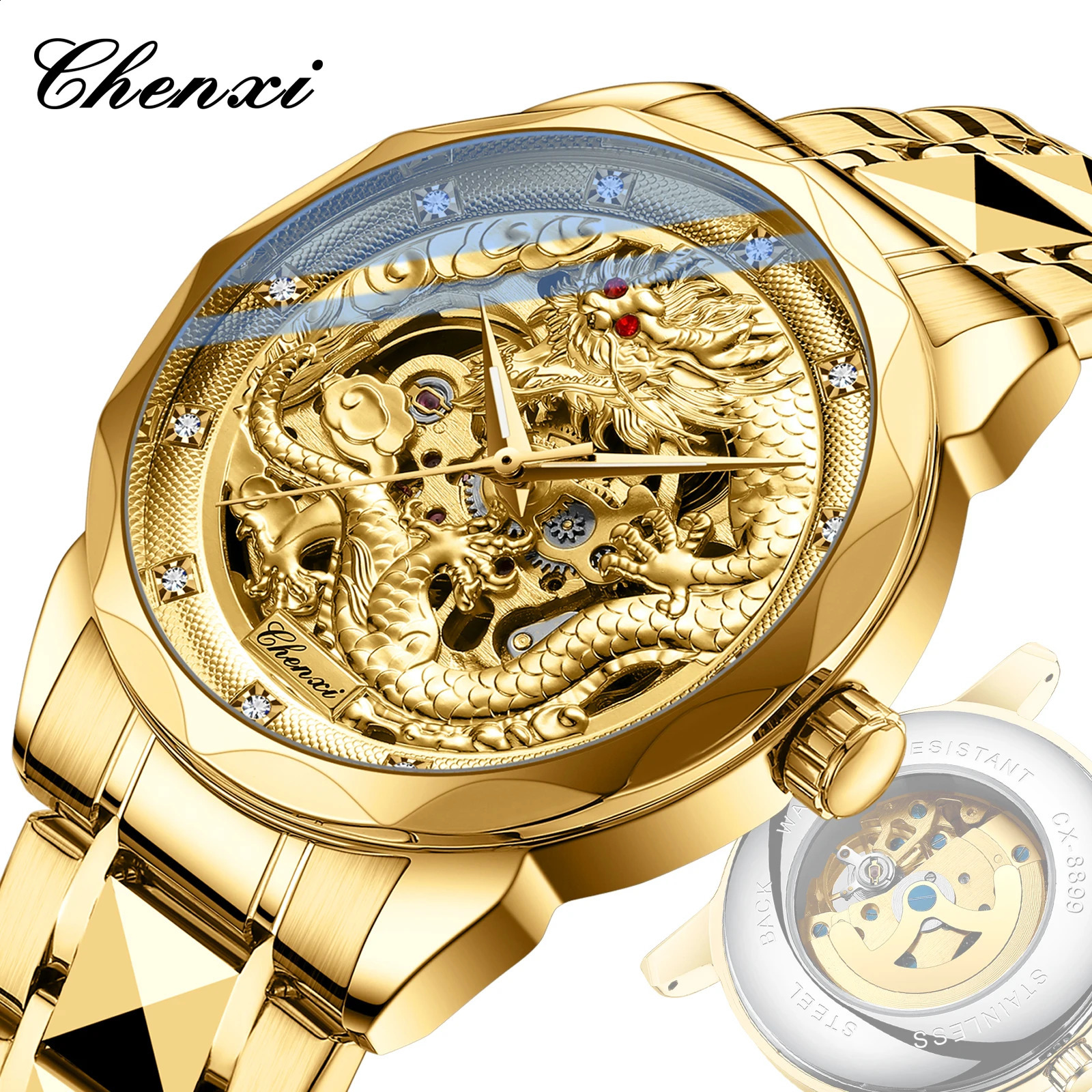 CHENXI 8899 Chinese nation Culture and Art 3D embossed dragon pattern gold automatic mechanical stainless steel watch for men 240906