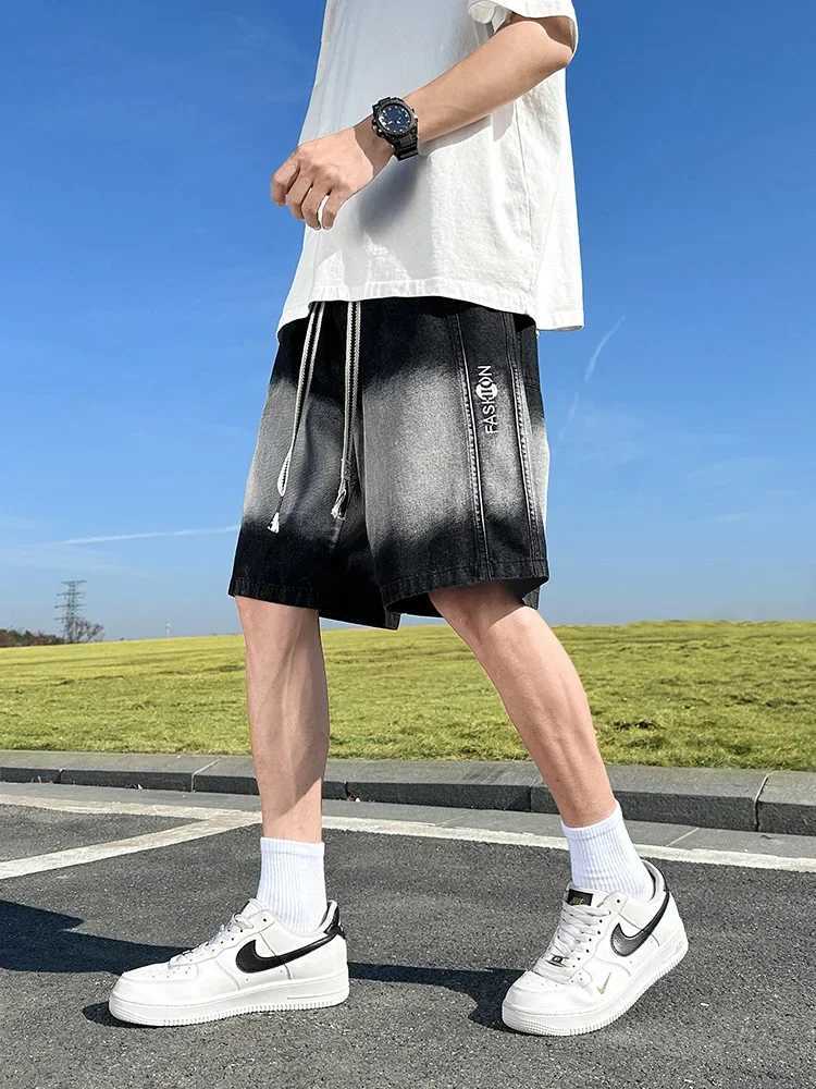 2024 Summer Denim Shorts Men Large Size Gradient Color Washed Cotton Baggy Jean Shorts Drawstring Streetwear Y2K Short PantsX240914