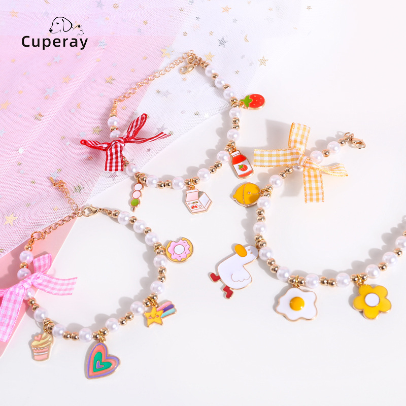 Cute Cat Dog Rabbit Birthday Collar Adjustable Necklace， Collar with Pearl Bow Duck Ice Cream Pendant Accessories Pet Supplies