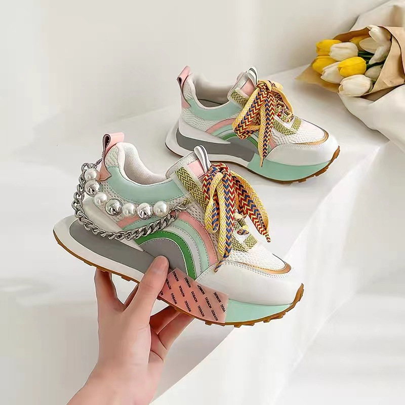 Lace Up Pearl Chain Decorative Women's Vulcanized Shoes Women's Platform Sneakers Zapatos De Mujer Women Shoes