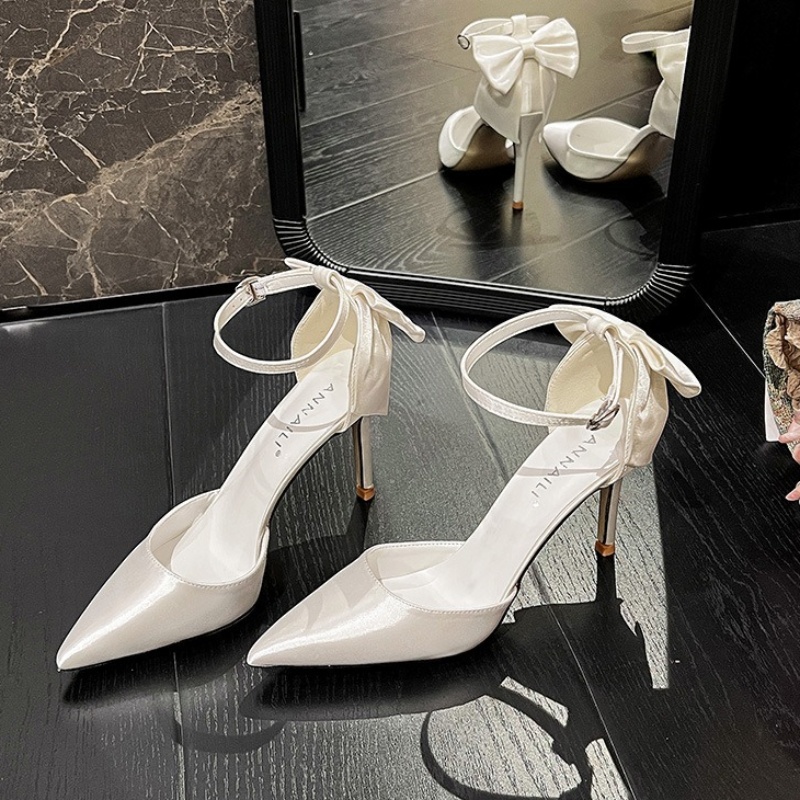 New Satin 2023 White Wedding Sweet Bow Bridal Shoes Elegance High Heels Bridesmaid Pumps b30e
