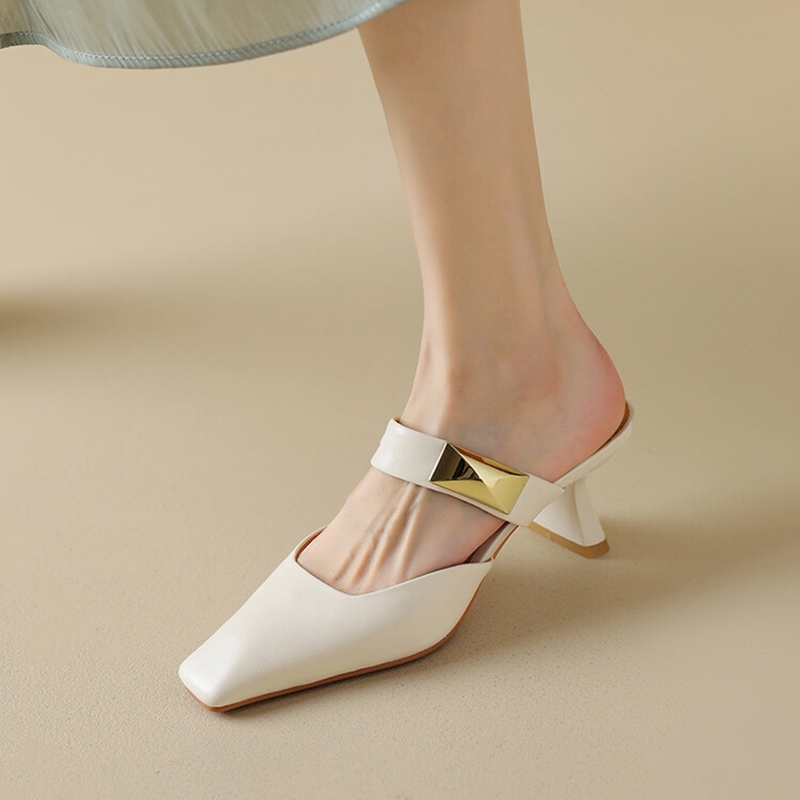 NEW Summer Women Mules Split Leather Shoes for Women Square Toe High Heel Slippers Cover Toe Slingback Sandals Metal Buckle Shoe