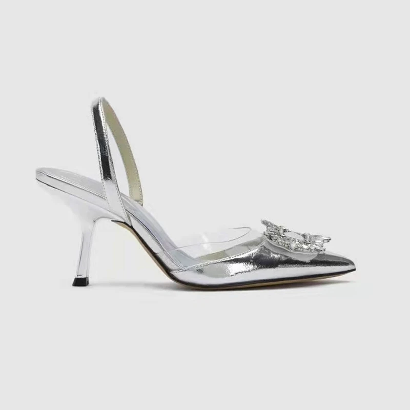 Brand Designer Silver High Heels Sandals 2024 Summer Crystal Square Buckle Woman Pointed Toe Slingbacks Party Shoe