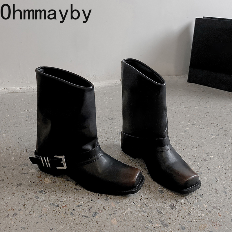 Designer Women Western Cowgirl Boots Fashion Square Toe Belt Buckle Shoes Autumn Winter Thick Heel Ladies Knight Short Booties