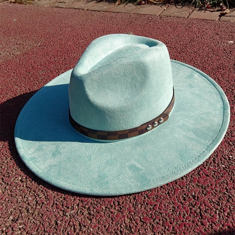 Avocado Green Fedora Suede Hat Checkered Belt Water Drop Top Large Brim Hat Mens and Womens Hat Suede Hat sombrero mujer 240912