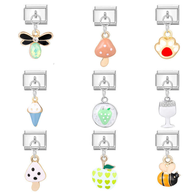 New Women's Gift Mushroom dragonfly Pendant Italian Charms Links Bangle Beads Fit 9mm Stainless Steel Bracelet Making DIY For Women Fashion Jewel