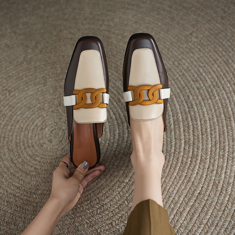 New Spring/Summer Women Shoes Square Toe Pumps Women Solid Cow Leather Low Heel Mules Metal Button Slipper for Women Mules