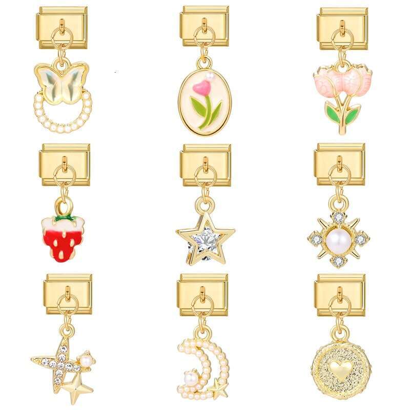 New Women's Gift Airplane pentagram Flower with gold Pendant Italian Charms Links Bangle Beads Fit 9mm Stainless Steel Bracelet Making DIY For Wo