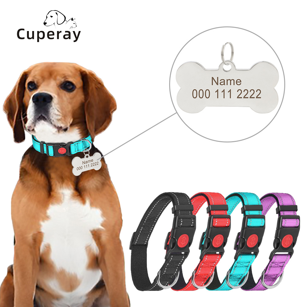 Reflective Nylon Dog Collar and Leash Set with Personalized Free Custom Dog Collar Engraved ID Tags Adjustable Dog Collars Tags