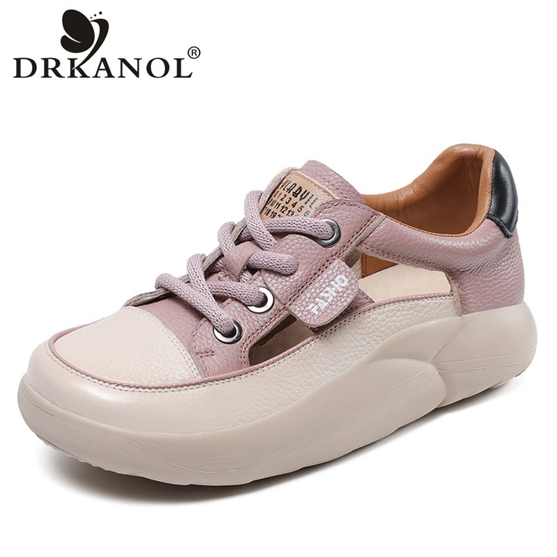 DRKANOL 2024 Women Casual Shoes Summer Hollow Out Breathable Lace-Up sneakers Genuine Leather Lightweight Flat Platform Shoes