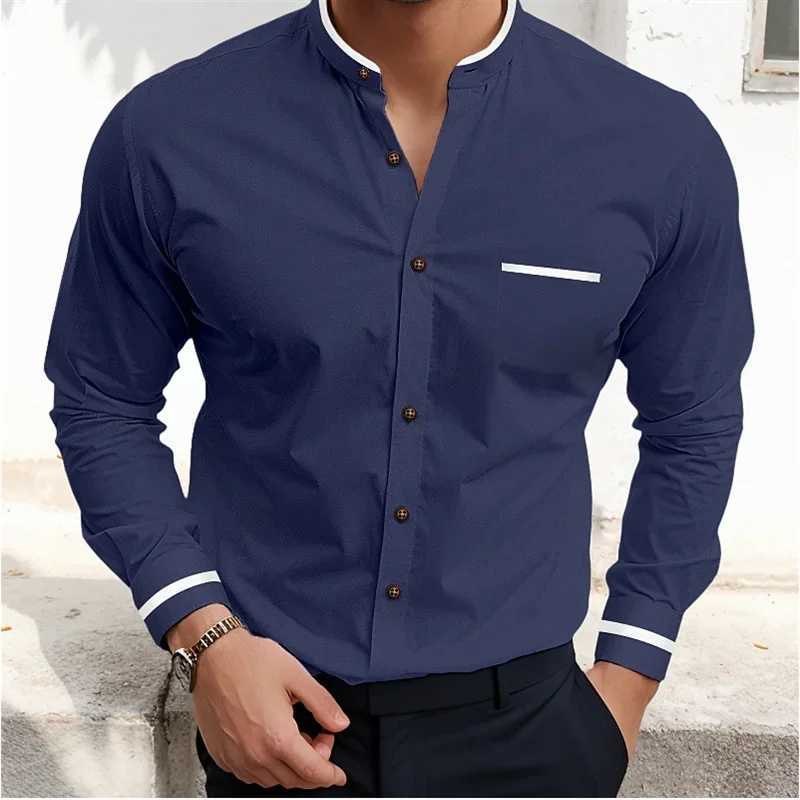 Mens Shirts Formal Button Up Shirt White Long Sleeve Color Block Stand Collar Spring Office Career Wedding Party Outfit Pocket Z240914