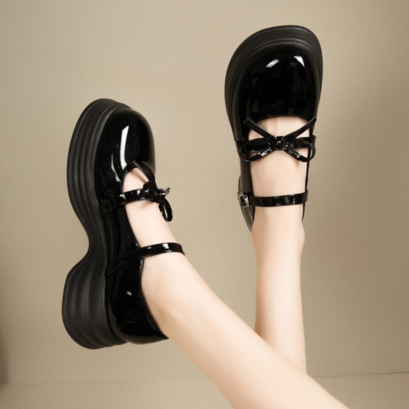 Lolita Shoes Women's Flat on Platform Patent Leather Shoes Round Toe Mary Janes Shoes Bow Designer Thick Sole Girls Shoes 1533N