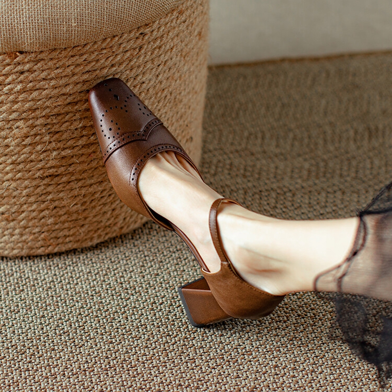 Genuine Leather Women Sandals Summer Women Shoes Cover Toe Chunky Heel Shoes for Women Retro Hollow High Heels Handmade Shoes