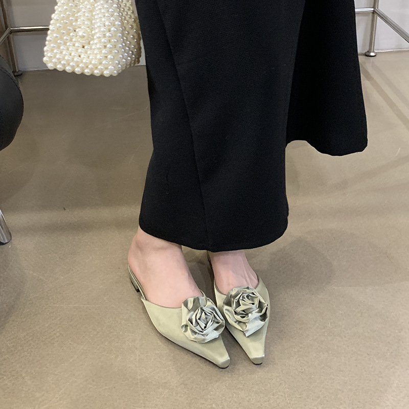 Shoes Female Slippers Casual Square heel Low Cover Toe Slides wer 2024 Block Flat Summer Pointed Fashion Fabric Rubber ecb7 04f