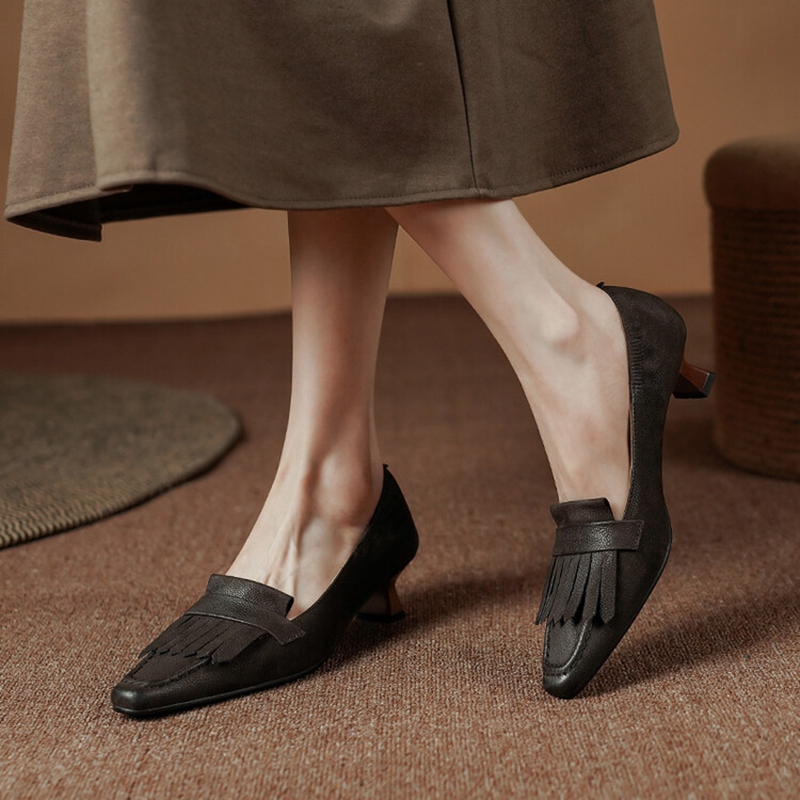 Spring 2023 Square Toe Thin Heel Pumps Genuine Leather for Women Casual Retro Tassels Handemade Shoes ae76
