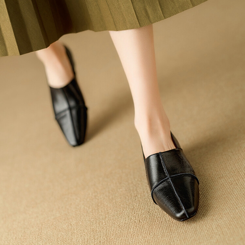 Spring NEW Loafers Genuine Leather for Square Toe Low Heel Women Pumps Slip-on Soft Black Comfort Shoes 472a Comt