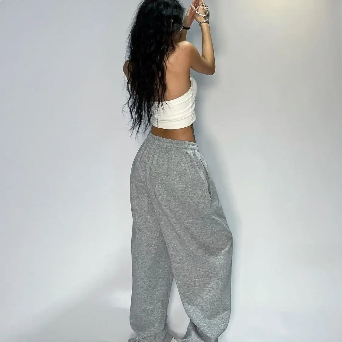 Kpop Y2K grey jogging pants for women hippie streetwear oversized sports loose straight wide legs Trouser Korean style 240913