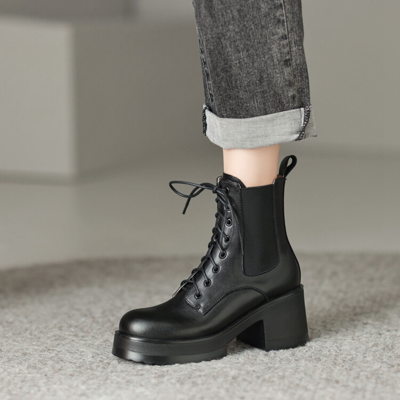 Autumn NEW Genuine Leather Round Toe Platform Height Increasing Lace-up Casual Solid Short Boots Women 7576