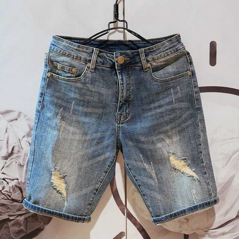Summer Fashion Mens Hole Denim Shorts Jeans New In Blue Baggy Shorts For Men Jeans PantsX240914