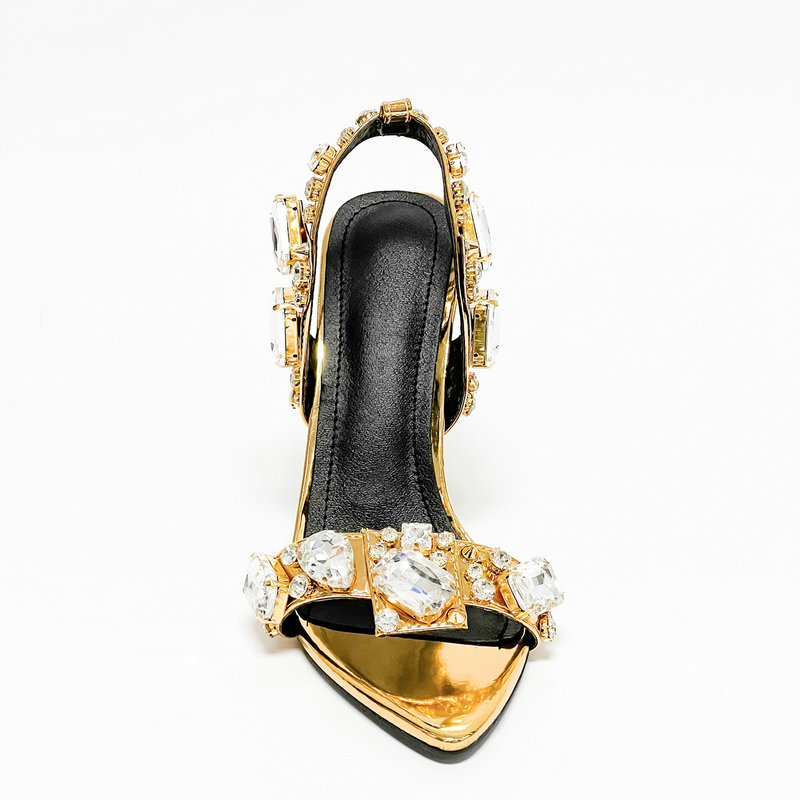 New 11cm Pointy Gold Riveted Rhie High Heels Summer Crystal Sandals European Fashion Large Size Shoes e11d