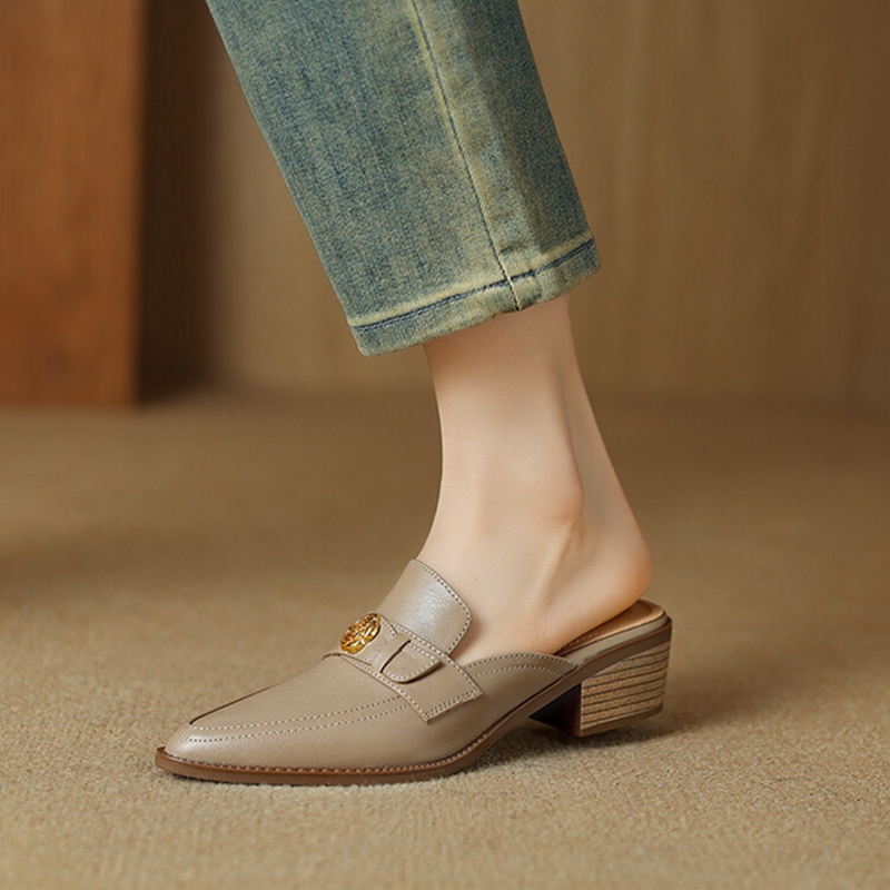 Summer NEW Mules Genuine Leather Shoes for Women Cover Chunky Heel Slippers Pointed Toe Sgback wer Beige Sandals c797 d75