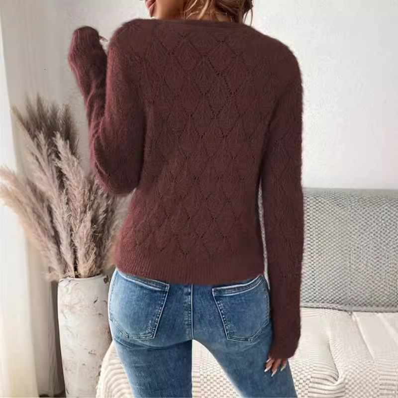 dongdumaoyi New autumn and winter V-shaped sweater long sleeved pullover knitted sweater loose casual lazy style solid color knitted sweater F0914#40