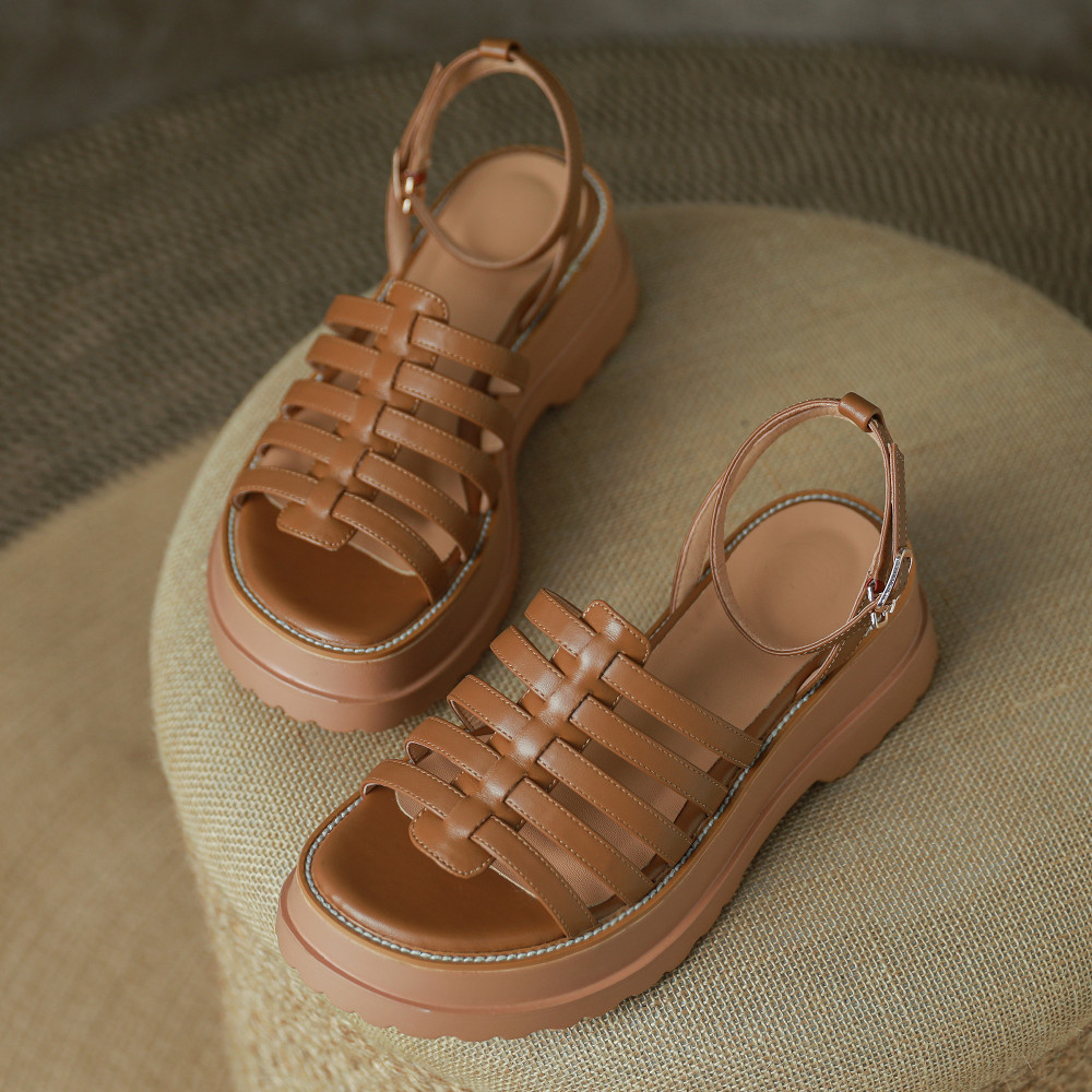 2025 new plus danxuefei size 34-42 women's great pu leather thick sole platform flats sandals narrow band braided ankle strap shoes women 438f