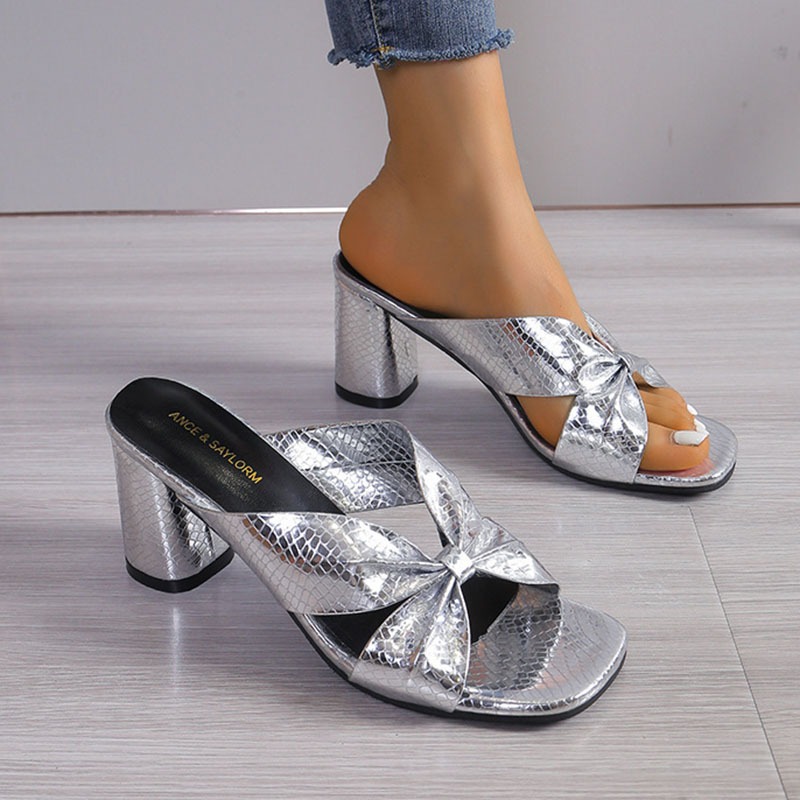 Women Heel Slippers Summer Block High Heels Women Slip on Mules Plus Size 42 Casual Daily Fashion Women Gold Open Toe Slides