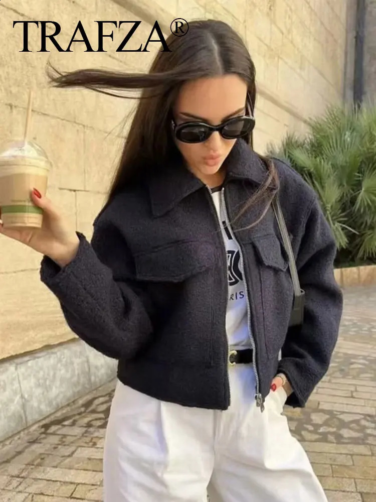 TRAFZA Coat For Women 2024 Solid Long Sleeve Lapel Zipper Cardigan Jacket Female Pocket Wild Casual Street Woman OuterCoat Top 240910