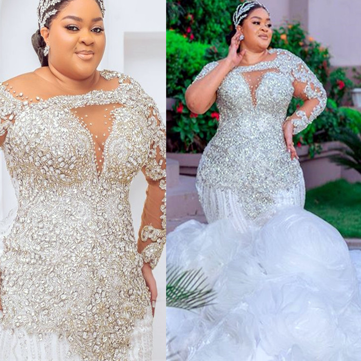 2024 Arabic Aso Ebi Plus Size Ivory Mermaid Wedding Dresses Luxurious Lace Rhinestones Tiers Detachable Train Bridal Gowns Dress