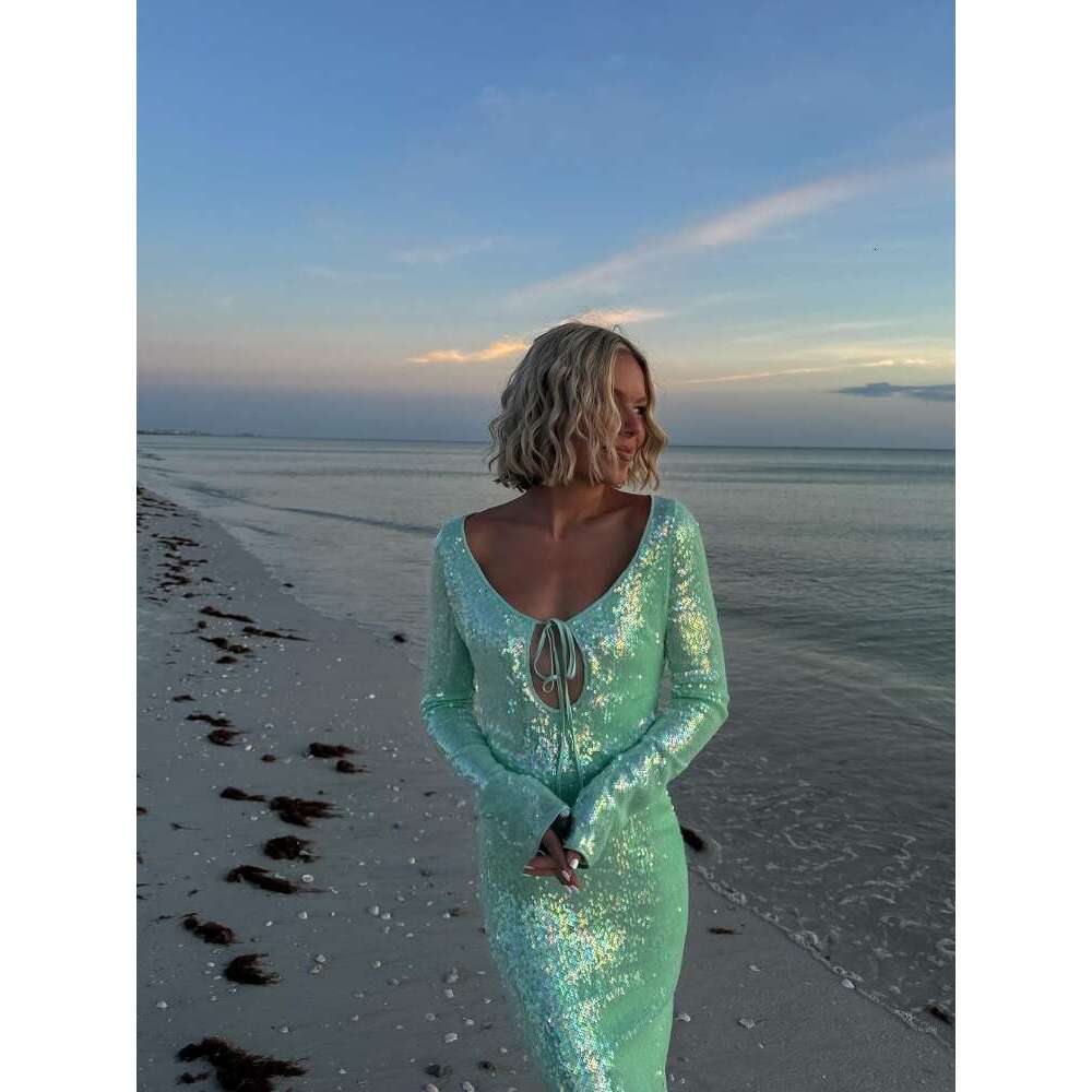 Sexy Shiny Sequin Hollow Out Lace Up Maxi Dress Women Chic Round Neck Long Sleeves Bodycon Dresses Lady Night Party Robe