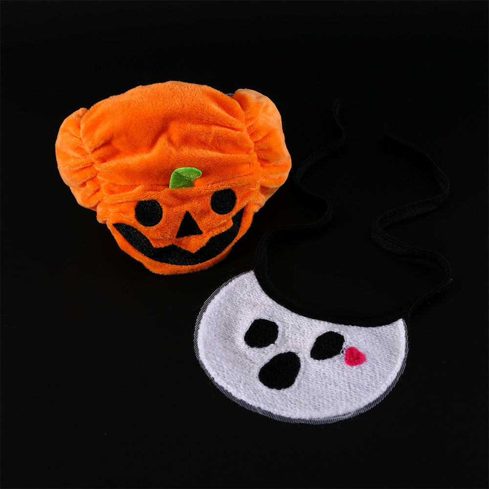 Pet Hood & Bib Set,Cat Dog Halloween Pumpkin Hat Spooky Bib Set Cartoon Plush Hood Photography Props Dress Up Holiday Decoration