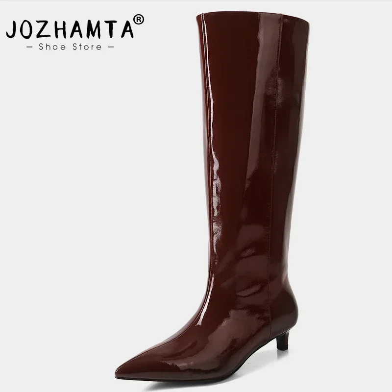 JOZHAMTA Size 34-43 Knee High For Women Genuine Leather Sexy Pointy Kitten Heels Shoes Winter 2025 Wide Calf Long Boots