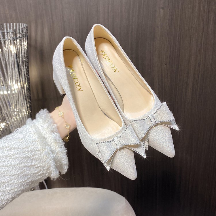 Shallow pointed rhinestone bow with thick heels and high heels for women's shoes 1696N