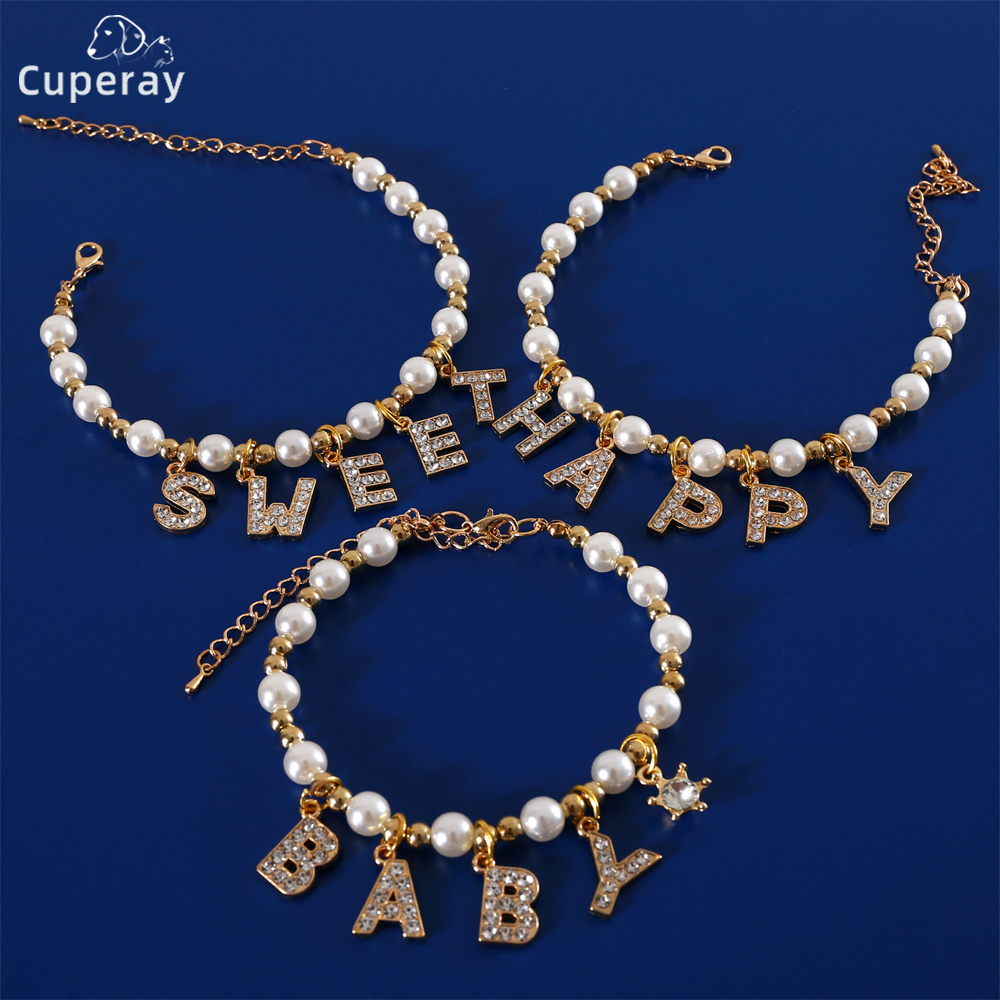 Pet Pearl Alphabet Collar Necklace Cat Dog Baby Rhinestone Pendant Happy Adjustable Necklace Collar Princess for Cat and Puppies